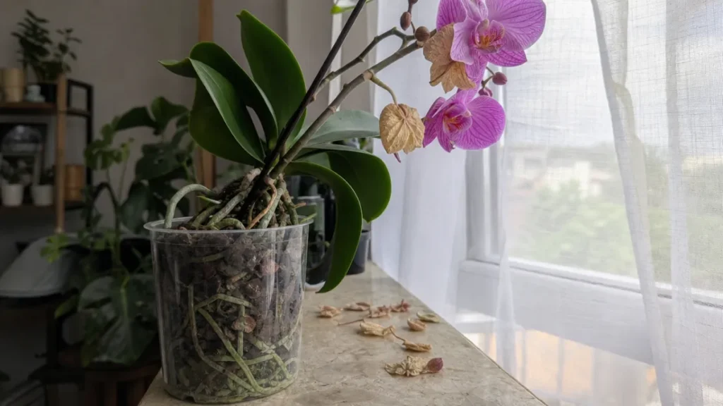 Orchidée perdant ses fleurs en intérieur