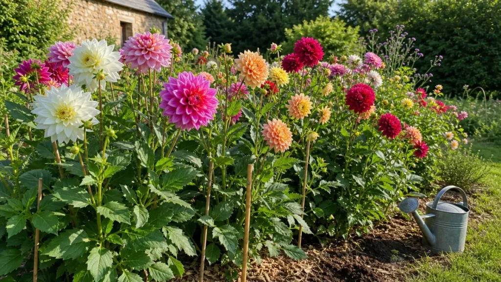 Dahlias fleuris dans un massif ensoleillé