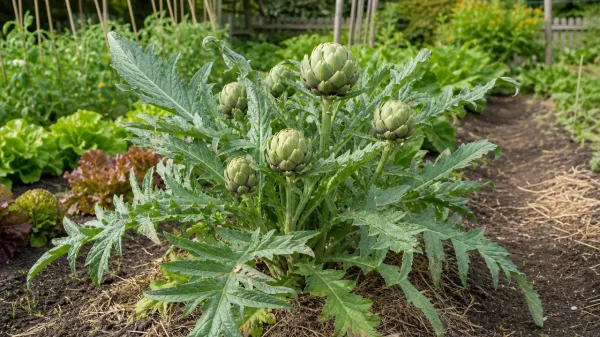 Artichauts mûrs dans un potager