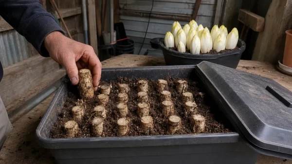 Racines d’endives installées pour forçage